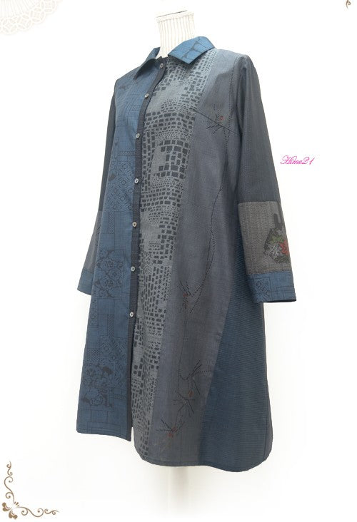 【Upcycled】Shirt dress (navy blue) – remade from a kimono – 100% silk
