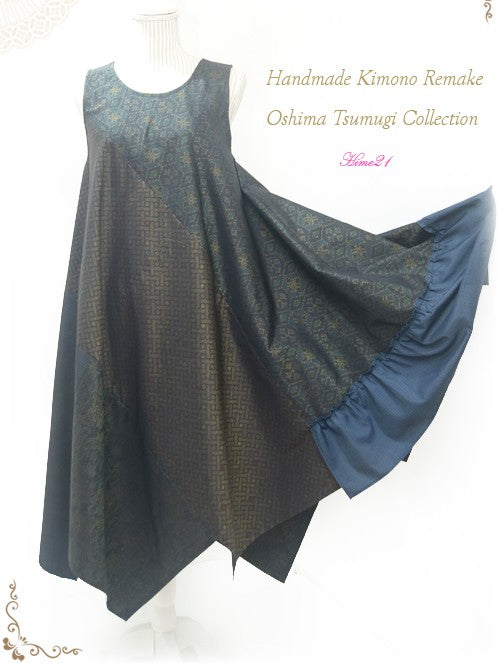 【Upcycled】Ultra-Transformable Dress ‘A-Line Asymmetrical’ (Black-Navy & Green Tones) – Remade from a kimono, 100% silk