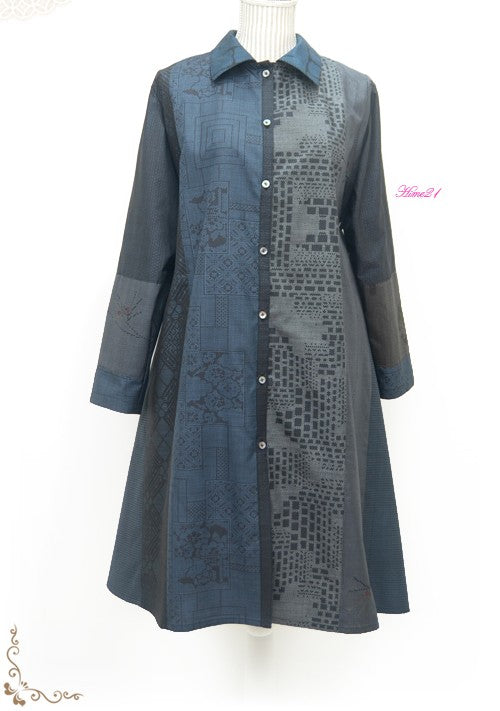 【Upcycled】Shirt dress (navy blue) – remade from a kimono – 100% silk